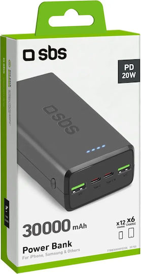 SBS Power Bank 30000mAh 20W with 2 USB-A Ports and 2 USB-C Ports Power Delivery Black vista 2