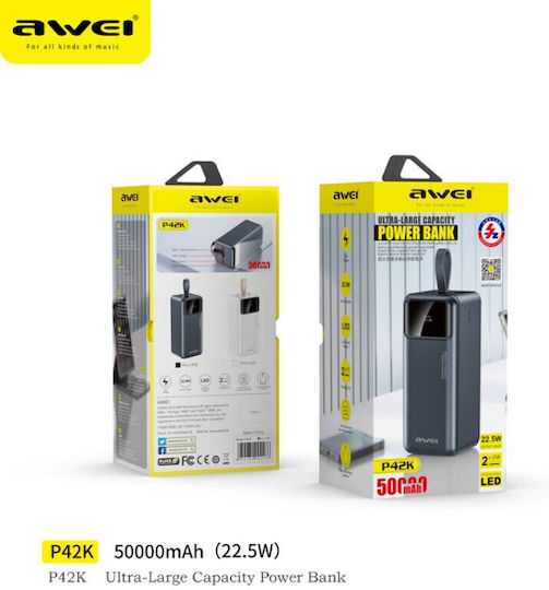 Awei P42K Power Bank 50000mAh 22.5W with USB-A Port and USB-C Port Power Delivery Black view 2