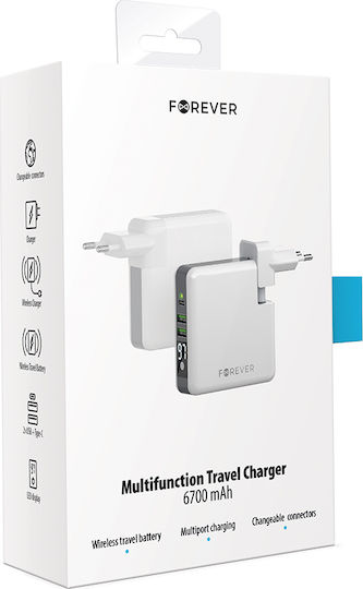 Forever Core Wall Power Bank 6700mAh with 2 USB-A Ports and USB-C Port White