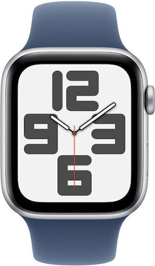 Apple Watch SE 2024 Cellular Aluminium 44mm Waterproof with eSIM and Heart Rate Monitor (Silver with Denim Sport Band (S/M)) view 2