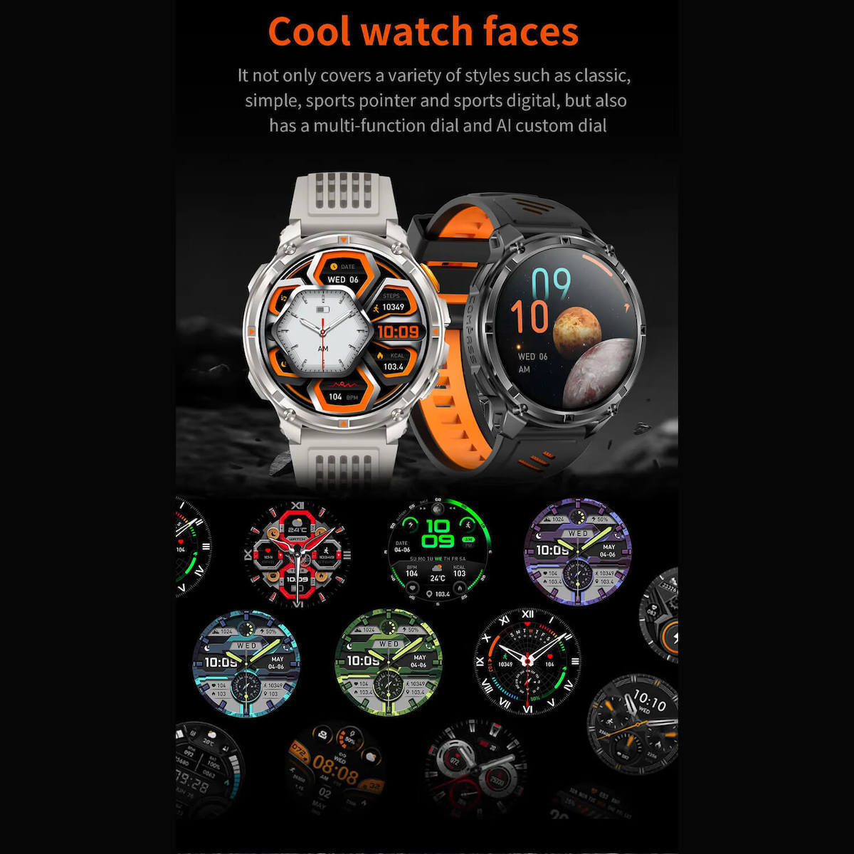 Microwear HT33 Smartwatch with Heart Rate Monitor (Black & Orange Silicone) view 7