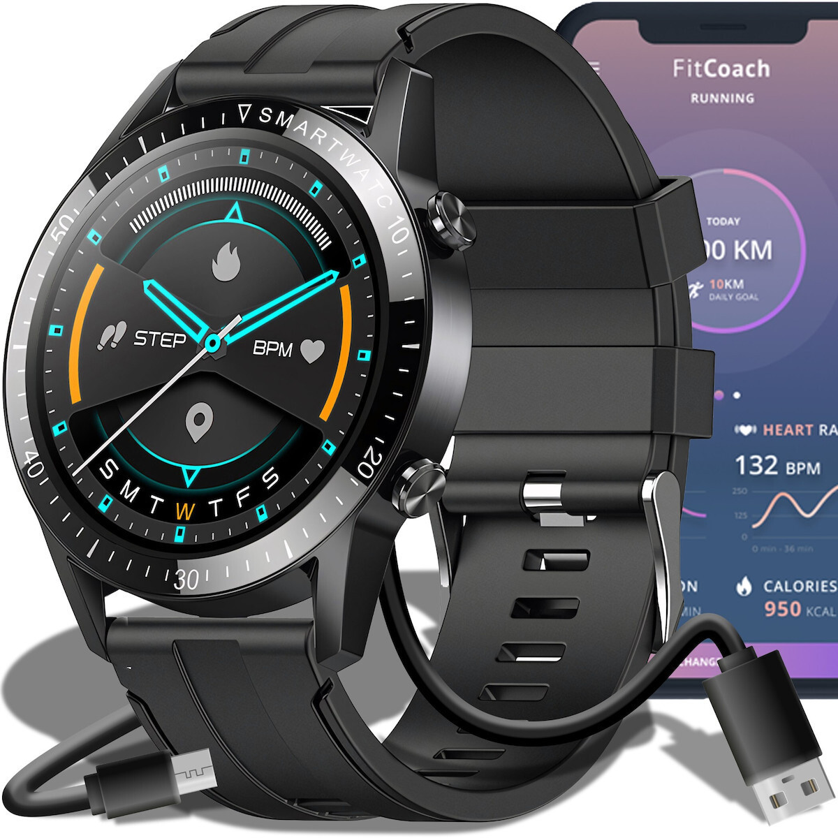 E743 Stainless Steel Smartwatch with Heart Rate Monitor (Gray)