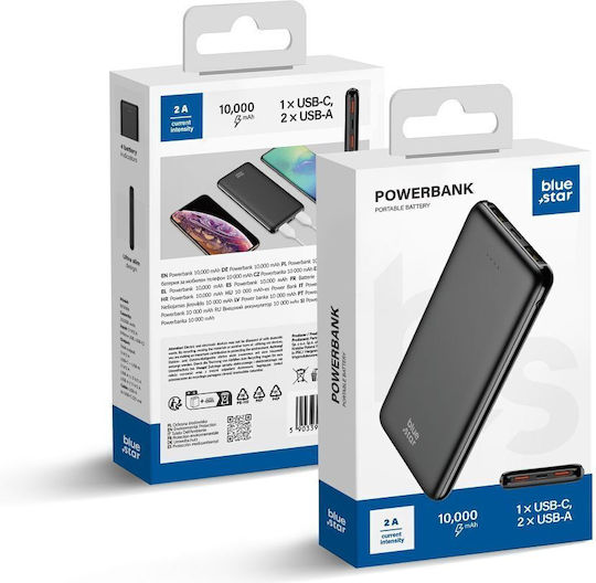 Blue Star W1086 Power Bank 10000mAh with 2 USB-A Ports and USB-C Port Black