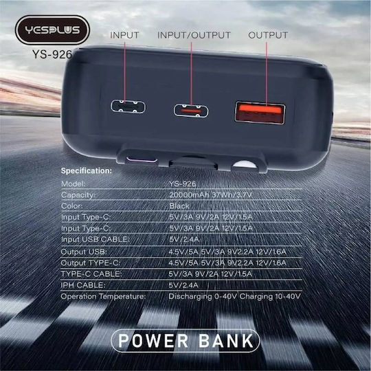 Yesplus YS-925 Power Bank 10000mAh 22.5W with USB-A Port and 2 USB-C Ports Power Delivery / Quick Charge 3.0 Black view 2