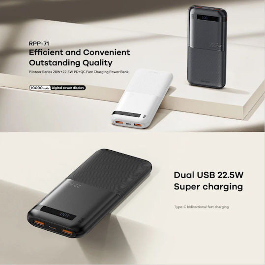 Remax RPP-71 Piloteer Series Power Bank 10000mAh 22.5W with 2 USB-A Ports and USB-C Port Power Delivery / Quick Charge 3.0 Black view 3