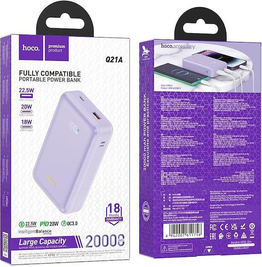 Hoco Q21A Great Power Bank 20000mAh 22.5W with USB-A Port and USB-C Port Power Delivery / Quick Charge 3.0 Purple view 2
