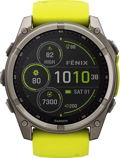 Garmin Fenix 8 Solar Titanium 51mm Waterproof Smartwatch with Heart Rate Monitor (Sapphire, Titanium With Amp Yellow/Graphite Silicone Band) vue 4
