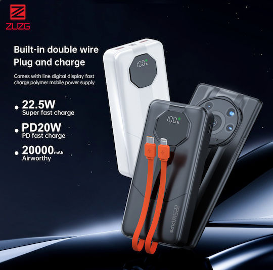 Zuzg C013p Power Bank 20000mAh Fast Charge PD 20W & QC 22.5W Built-in Cables & LED Display White view 2