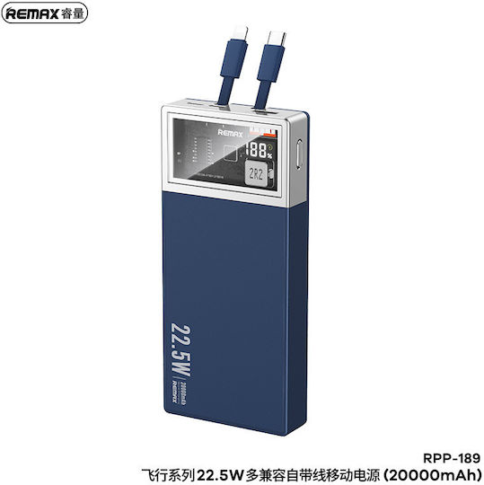 Remax RPP-189 Fly Series Power Bank 20000mAh 22.5W with USB-A Port and USB-C Port Blue