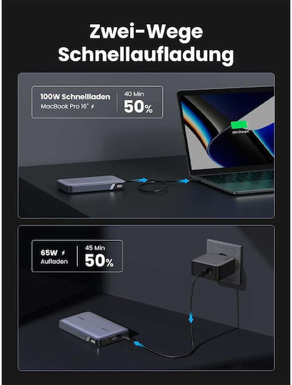 Ugreen PB720 Power Bank 20000mAh 100W with USB-A Port and 2 USB-C Ports Power Delivery / Quick Charge 2.0 / Quick Charge 3.0 Gray view 9