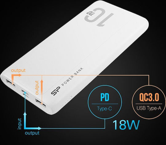 Silicon Power QP15 Power Bank 10000mAh 18W with 2 USB-A Ports and USB-C Port Power Delivery / Quick Charge 3.0 White vista 5