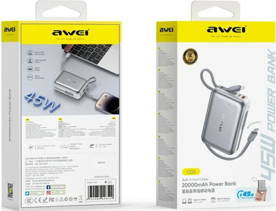 Awei C03 Power Bank 20000mAh 45W with USB-A Port and USB-C Port Silver view 2