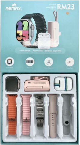 Remax RM23 with Powerbank and Wireless Earphones and 5 straps Smartwatch with Heart Rate Monitor (Silver) view 1