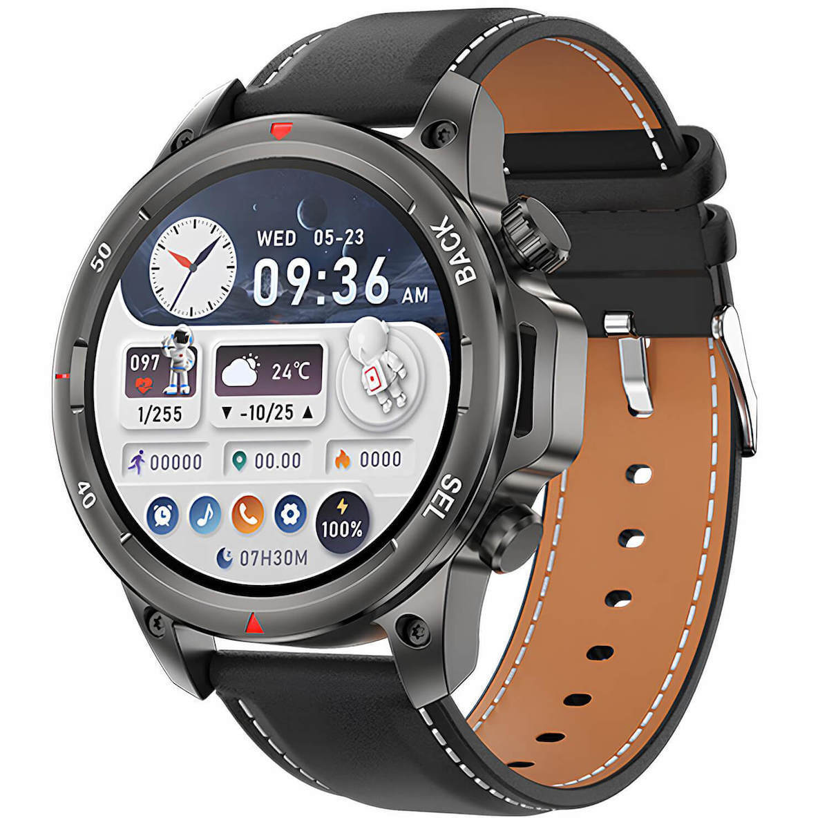 Microwear DK68 Smartwatch With Heart Rate Monitor Black Leather