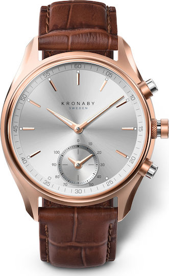 Kronaby Sekel Hybrid Stainless Steel 43mm Waterproof Smartwatch (Rose Brown Leather Strap) view 3