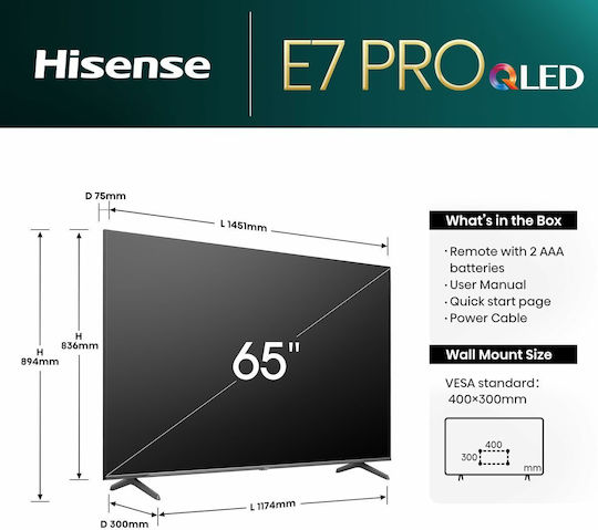 Hisense Smart Television 65" 4K UHD QLED Pro 65E7NQ HDR (2024) view 3