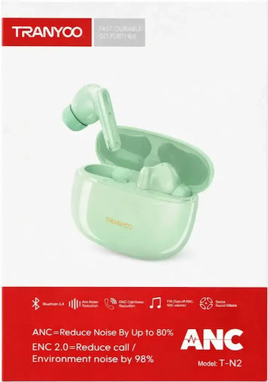 Tranyoo T-M2 In-ear Bluetooth Handsfree Earphones with Sweat Resistance and Charging Case Green view 2