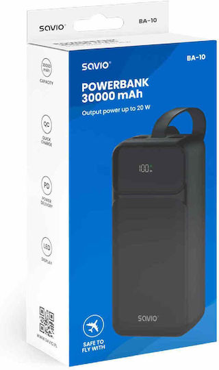 Savio BA-10 Power Bank 30000mAh with 2 USB-A Ports and 2 USB-C Ports Power Delivery / Quick Charge 3.0 Black view 4