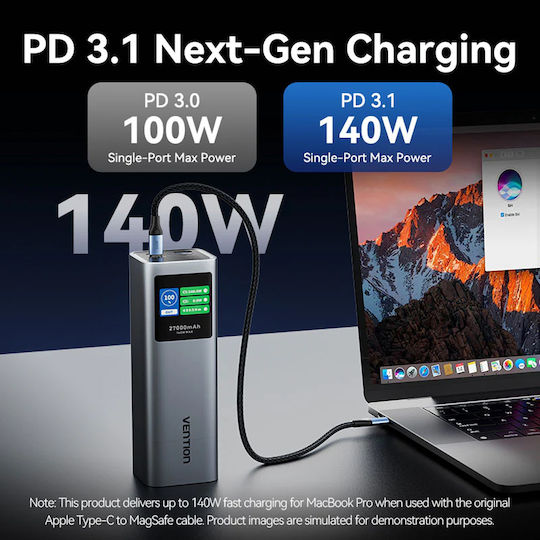 Vention FKE Power Bank 27000mAh 140W with USB-A Port and 2 USB-C Ports Gray vista 4