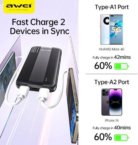 Awei P20K Power Bank 10000mAh with 2 USB-A Ports Black vue 5
