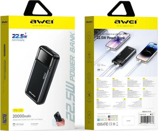 Awei PA-92 Power Bank 20000mAh 22.5W with USB-A Port and 2 USB-C Ports Power Delivery Black vue 2