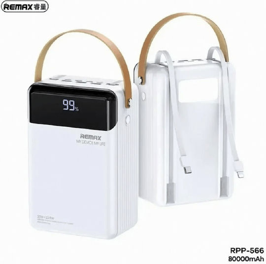 Remax RPP-566 Power Bank 80000mAh 22.5W with 2 USB-A Ports and USB-C Port Quick Charge 3.0 White