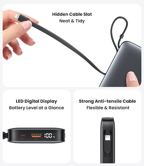 Usams XR Series CD228 Power Bank 10000mAh 20W with USB-A Port and USB-C Port Gray view 7