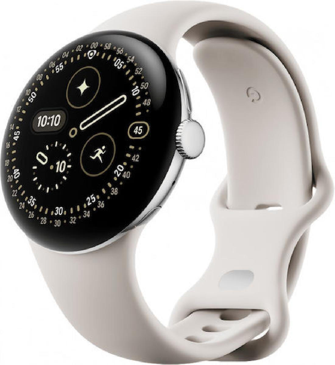 Google Pixel Watch 4 Aluminium 41mm with Heart Rate Monitor (Polished Silver Aluminium Case/Porcelain Active Band) view 1