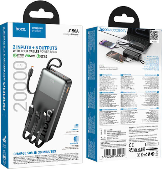 Hoco J156A Power Bank 20000mAh with USB-A Port and USB-C Power Delivery Port Black view 2