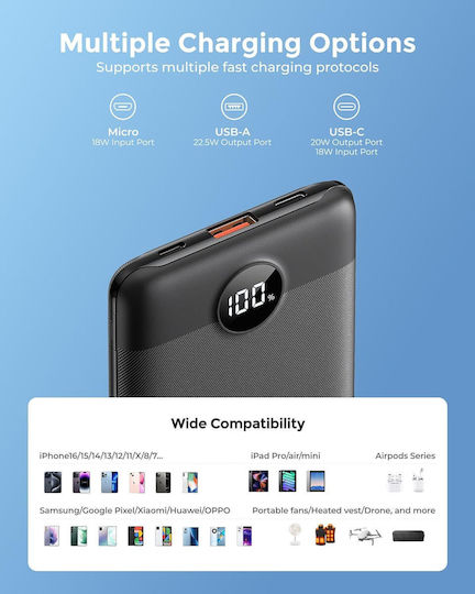 Veektomx VT103 Power Bank 10000mAh 22.5W with USB-A Port and USB-C Port Power Delivery / Quick Charge 3.0 Black vista 5