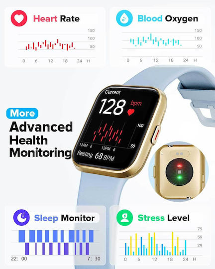 Tensky ID208 Smartwatch with Heart Rate Monitor (Light Blue) view 3