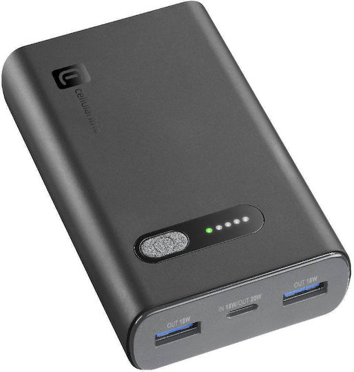 Cellular Line FAST Power Bank 10000mAh 18W with 2 USB-A Ports and USB-C Port Power Delivery Black view 1