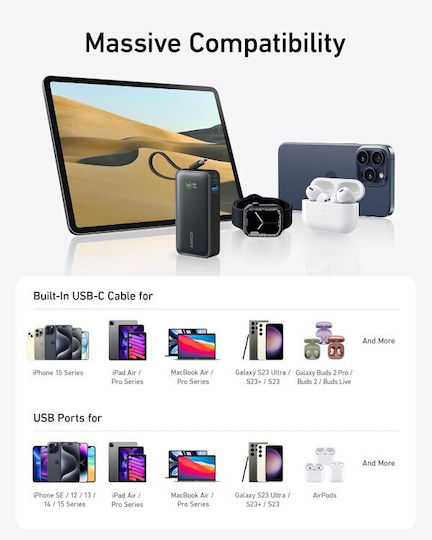 Anker Nano 545 Power Bank 10000mAh 30W with USB-A Port and USB-C Port Power Delivery Black view 8