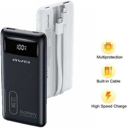 Awei P168K Power Bank 10000mAh 22.5W with USB-A Port and USB-C Port Black view 3