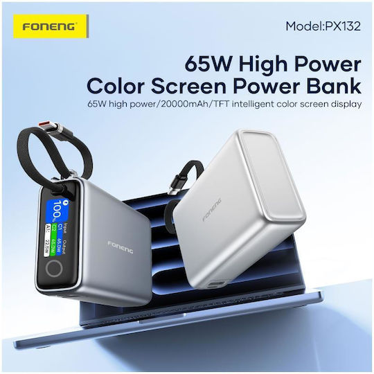 Foneng PX132 Power Bank 20000mAh 65W with USB-A Port and USB-C Port Silver view 4