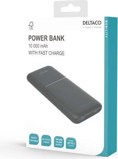Deltaco Power Bank 10000mAh 18W with 2 USB-A Ports and USB-C Port Power Delivery Black view 2