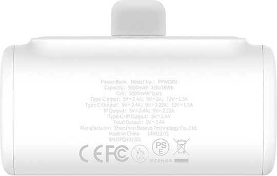 Baseus Compact Series Built-in Type-C Power Bank 5000mAh 20W with USB-C Port Power Delivery / Quick Charge 3.0 White view 5
