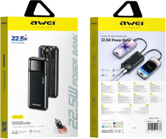 Awei PA-91 Power Bank 10000mAh 22.5W with USB-A Port Power Delivery Black view 2