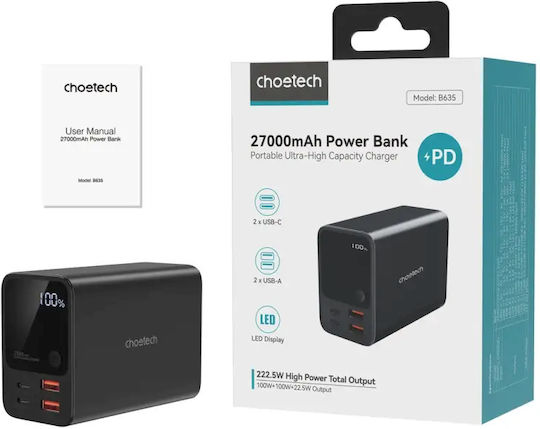 Choetech B635BK Power Bank 27000mAh 22.5W with 2 USB-A Ports and 2 USB-C Ports Black view 3