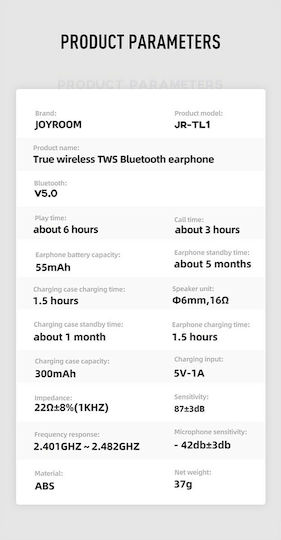 Joyroom JR-TL1 In-ear Bluetooth Handsfree Earphones with Sweat Resistance and Charging Case White view 3