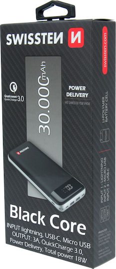 Swissten Black Core Power Bank 30000mAh 18W with USB-A Port and USB-C Port Quick Charge 3.0 Black view 5