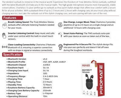 Promate Charisma 2 In-ear Bluetooth Handsfree Earphones with Charging Case Black view 2