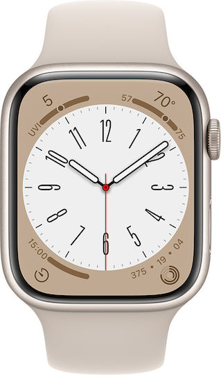 Apple Watch Series 8 Aluminium 45mm Waterproof with Heart Rate Monitor (Starlight with Starlight Sport Band) view 1