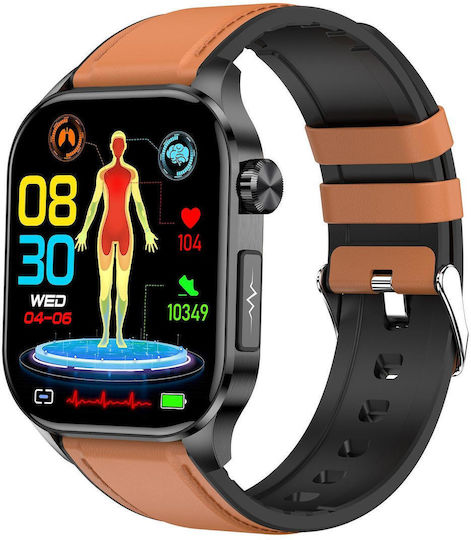 Et580 2.04 Inch Amoled Screen Sports Smart Watch Support Bluethooth Call Ecg Function Brown Leather Band view 1