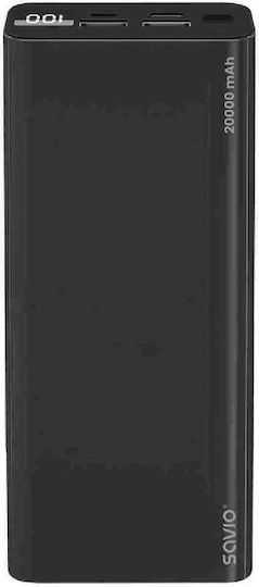Savio BA-05 Power Bank 20000mAh with 2 USB-A Ports and USB-C Port Power Delivery Black