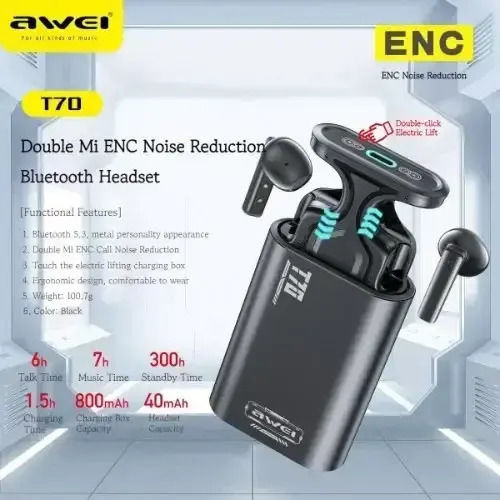 Awei T70 Earbud Bluetooth Handsfree Earphones with Sweat Resistance and Charging Case Black view 7