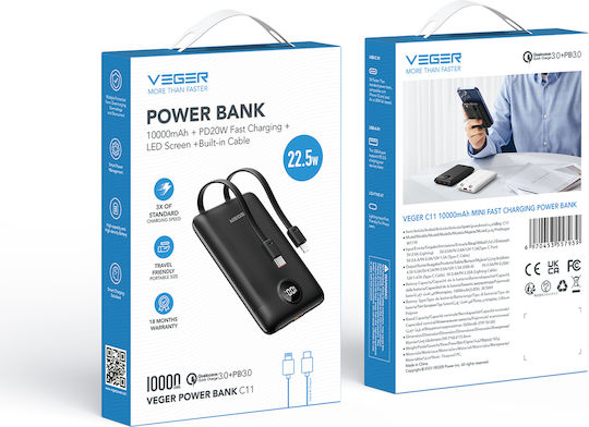 Veger W1170 Power Bank 10000mAh with USB-A Port and USB-C Port Black view 3