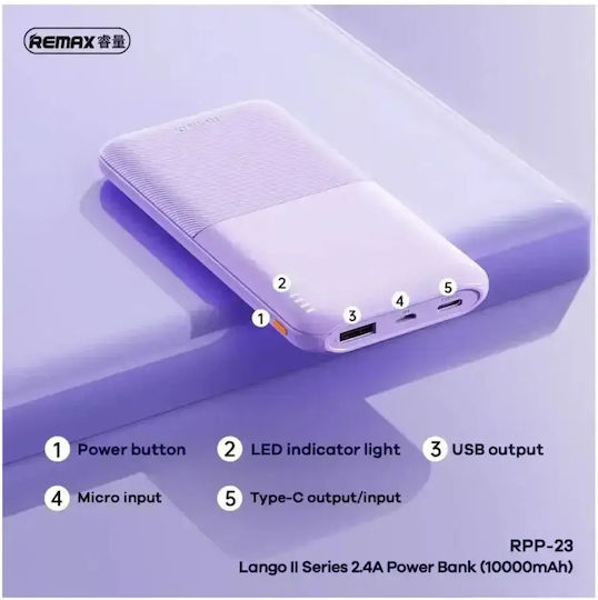 Remax RPP-23 Lango II Power Bank 10000mAh with USB-A Port and USB-C Port White vista 3