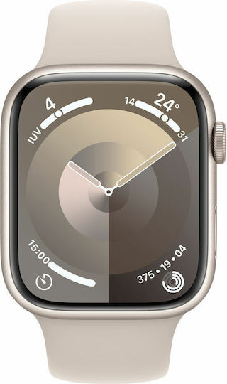 Apple Watch Series 9 Cellular Aluminium 45mm Waterproof with eSIM and Heart Rate Monitor (Starlight with Starlight Sport Band (S/M)) view 1