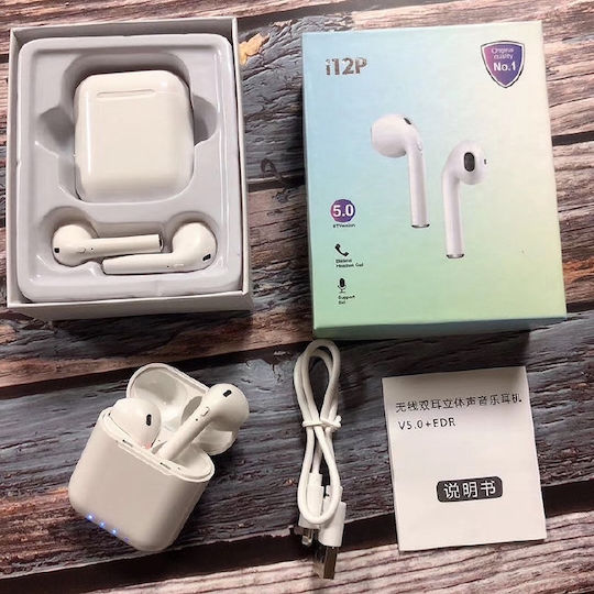 i12P Earbud Bluetooth Handsfree Earphones with Charging Case White